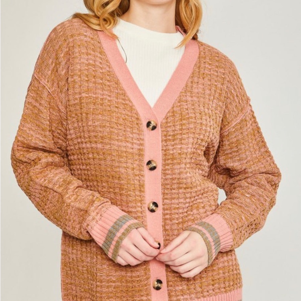 Love Tree Pink & Tan Cardigan Sweater